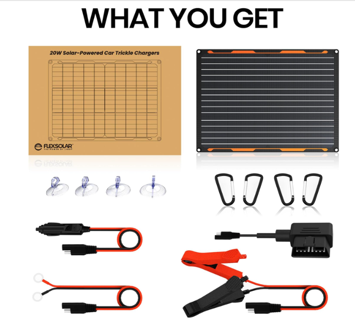 FlexSolar TC20 12V Solar Panel Battery Trickle Charger Maintainer Kits | 20W